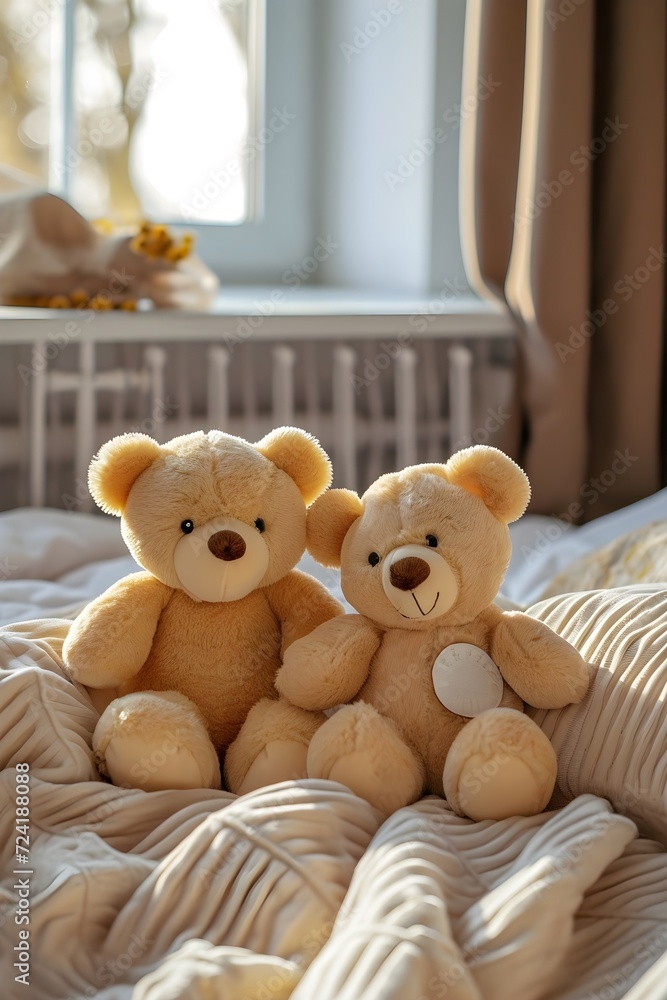 two teddy bears sitting on a bed