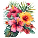 bouquet of flowers, vibrant watercolor illustration of tropical flowers on a white background.