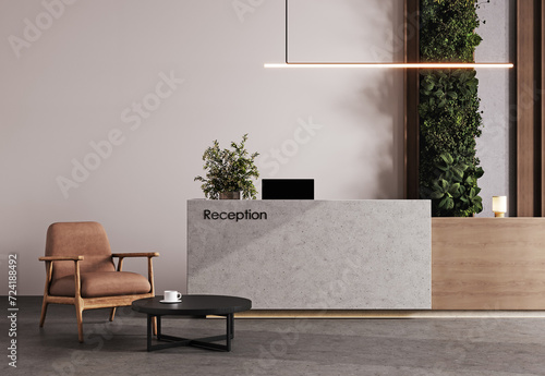 Modern hall interior with reception desk in hotel with wood panel and moss wall, concrete floor, fitness center front desk, 3d rendering photo