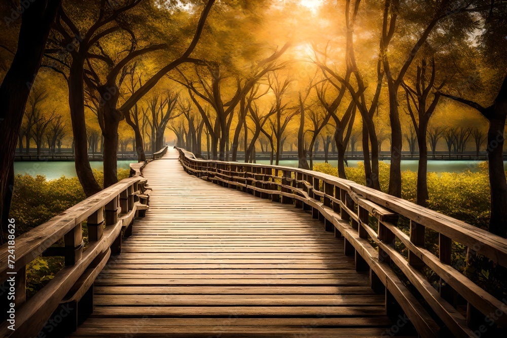 A peaceful scene of a boardwalk in the heart of a park, offering a leisurely stroll amidst the beauty of the natural world. A peaceful scene of a boardwalk in the heart of a park, offering a leisurely stroll amidst the beauty of the natural world.