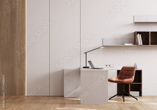 Modern minimalistic home office workplace with PC and peach chair, 3d rendering photo