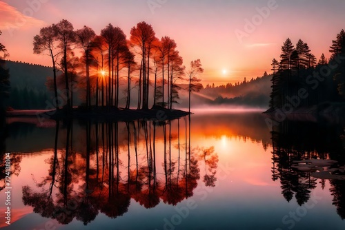 A tranquil lakeside scene as the sun dips below the edge of the forest, painting the sky with shades of orange and pink.