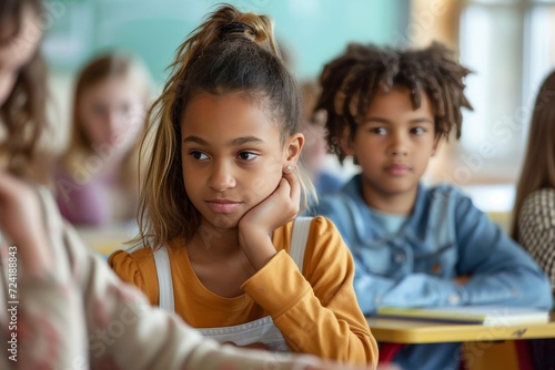 A curious young girl, dressed in her school uniform, attentively sits at a shared table in a bustling state school classroom, eager to absorb knowledge and engage with her fellow students