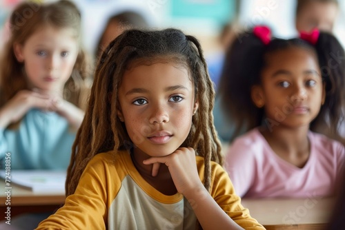 A young girl, dressed in her school uniform, gazes thoughtfully at the classroom, her chin resting on her hand as she contemplates the possibilities of learning