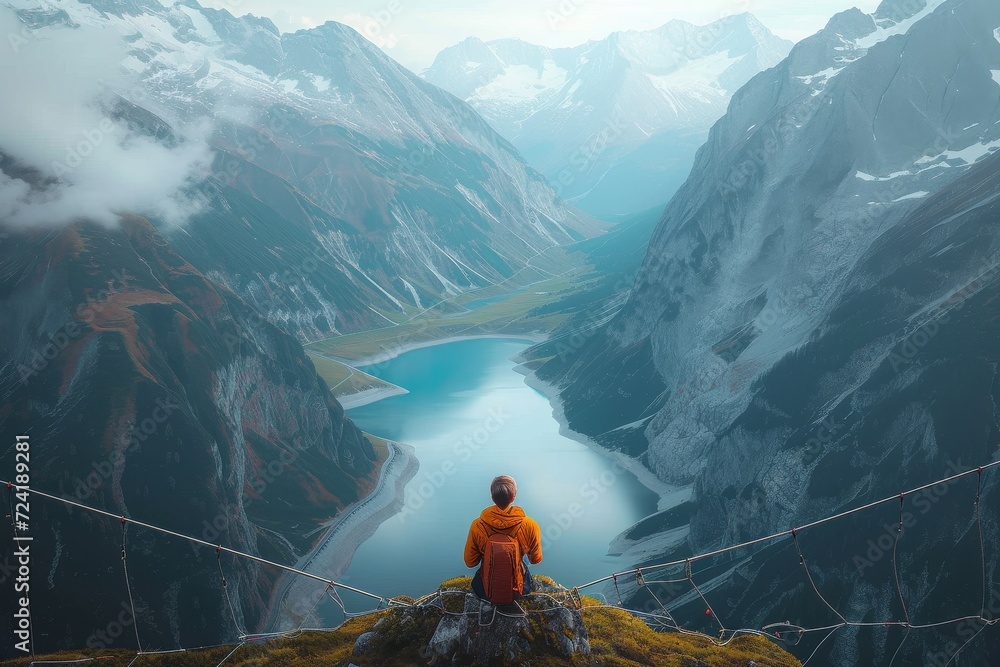 Amidst the foggy alps, a solitary figure perched on a rock gazes at the majestic river below, lost in the beauty and serenity of the rugged landscape - obrazy, fototapety, plakaty 