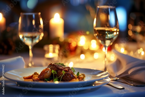 Intimate Candlelit Dinner: Delectable Braised Beef with Garnishes in a Romantic Restaurant Ambience