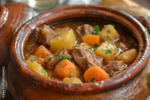 Hearty Homestyle Stew: Tender Beef and Vegetable Stew in a Traditional Clay Pot