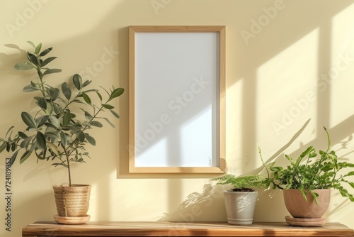 Blank frame mockup on light beige wall and a wooden shelf with potted houseplants © mikeosphoto