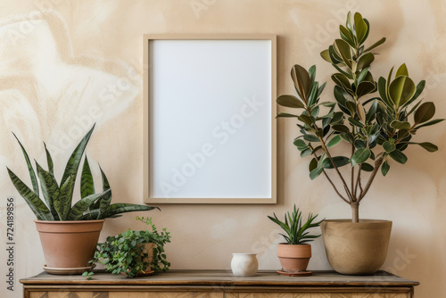 Blank frame mockup on light beige wall and a wooden shelf with potted houseplants © mikeosphoto