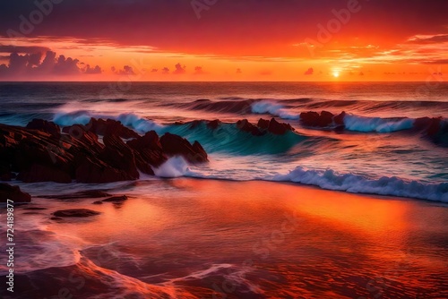 A colorful sunrise over the Atlantic Ocean coast, the sky ablaze with hues of orange and pink, casting a warm glow on the tranquil waters