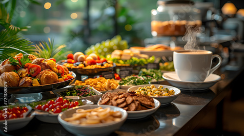 Wonderful breakfast selection at a buffet with a cup of coffee in the foreground