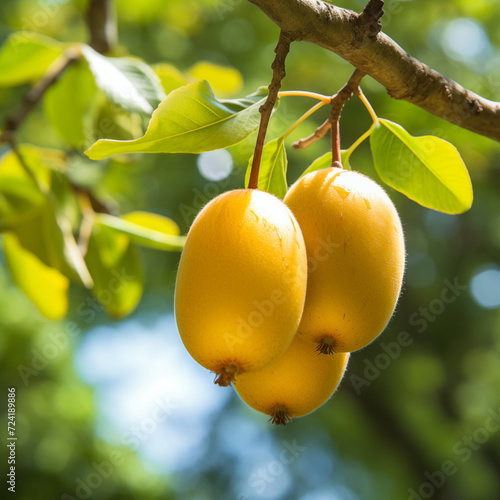 close-up of a fresh ripe golden kiwi hang on branch tree. autumn farm harvest and urban gardening concept with natural green foliage garden at the background. selective focus photo