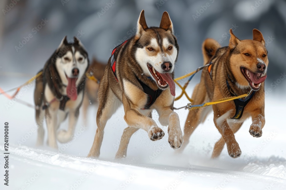 A team of majestic canines braves the freezing winter landscape, their powerful bodies pulling a sled through the snow as they transport their human companions on an exhilarating adventure