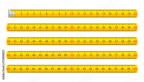 Metal yellow construction measuring tape, measuring tool vector meter isolated scale. Yellow ruler measure tape with scale. photo