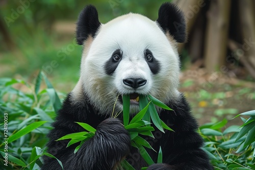 A majestic giant panda indulging in a peaceful feast of lush green leaves amidst the serene beauty of its natural habitat