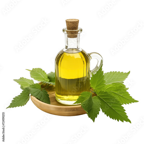 fresh raw organic stinging nettle oil in glass bowl png isolated on white background with clipping path. natural organic dripping serum herbal medicine rich of vitamins concept. selective focus photo