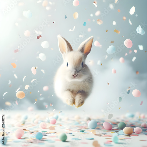 A rabbit jumping among soft pastel colored confetti falling on a clean