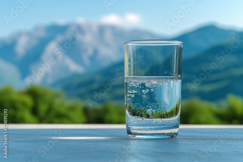 A Clear Glass of Water against a Mountainous Backdrop