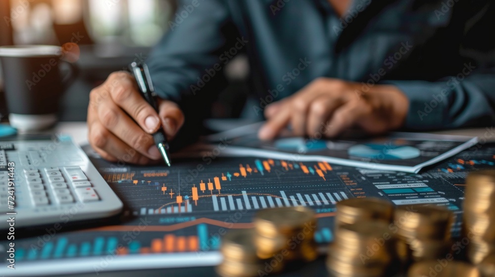 A businessman reviews financial graphs A businessman reviews financial graphs