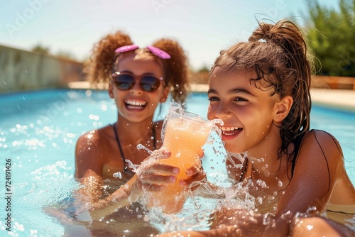 A lively group of women in stylish swimwear enjoy a refreshing poolside vacation, sipping drinks and smiling through their colorful goggles and sunglasses © Pinklife
