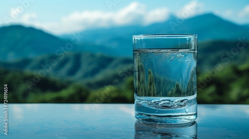 A Clear Glass of Water against a Mountainous Backdrop