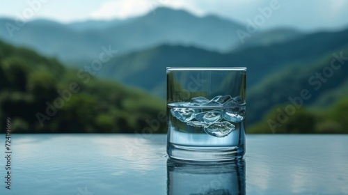 A Clear Glass of Water against a Mountainous Backdrop