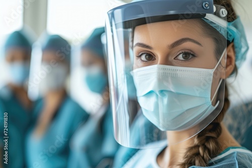 A woman nurse wearing protective facial mask and face shield standing with colleagues in hospital