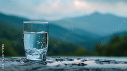 A Clear Glass of Water against a Mountainous Backdrop