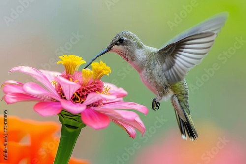 A tiny bird flits gracefully beside a vibrant flower, embodying the beauty and magic of nature's delicate pollinators © Pinklife
