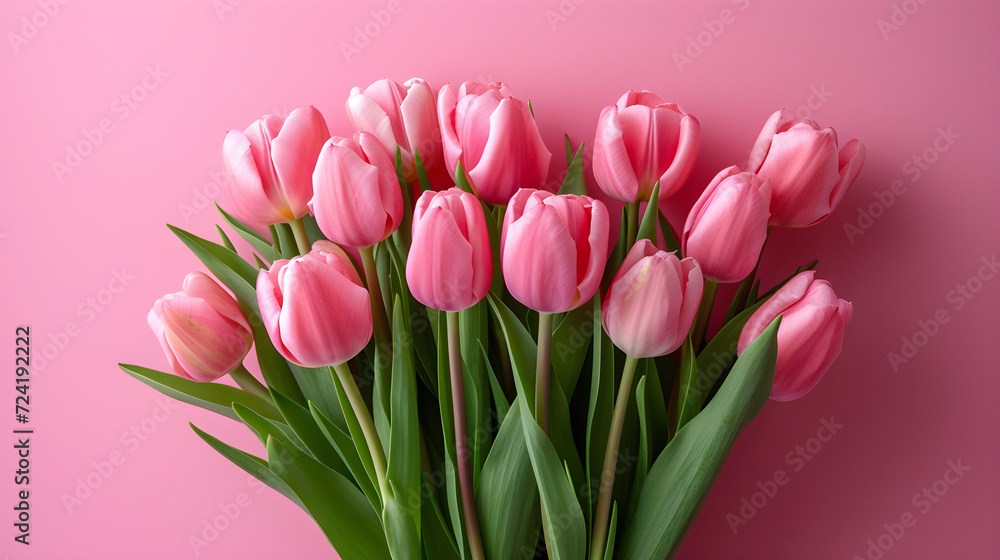 Beautiful composition of pink tulip bouquet on pastel pink background, perfect for Valentine's Day, Easter, Mother's Day, and more.
