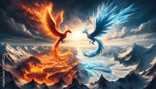 Encounter between a fire and ice phoenix, both with their own landscape (Background)