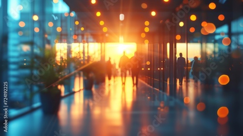 A Casual Business Environment with Blurred Figures and Bokeh Background
