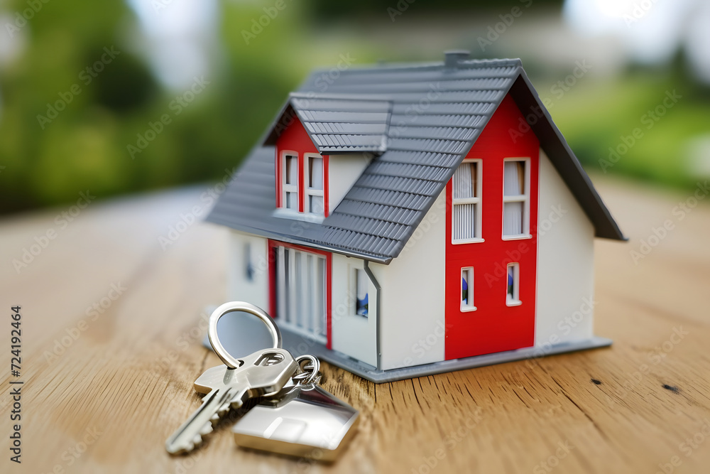 Schlüssel zum Traumhaus: Miniaturmodell eines Hauses mit Schlüssel an der Seite Schlüssel zum Traumhaus: Miniaturmodell eines Hauses mit Schlüssel an der Seite