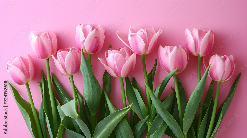 Beautiful composition of pink tulip flowers on pastel pink background, suitable for Valentine's Day, Easter, birthdays, Women's Day, and Mother's Day celebrations.
