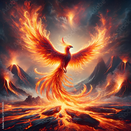 Burning phoenix bird rising from a volcanic landscape.