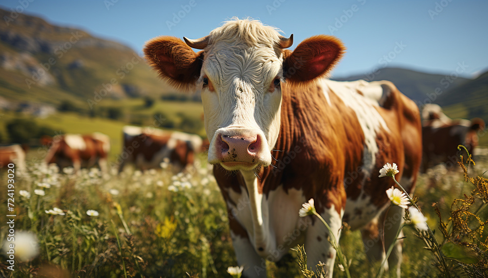 Cute cow grazing on green meadow, enjoying the summer generated by AI Cute cow grazing on green meadow, enjoying the summer generated by AI