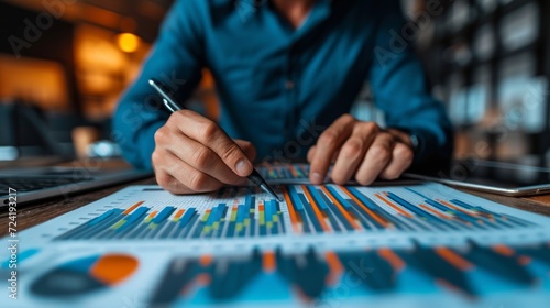 A businessman reviews financial graphs