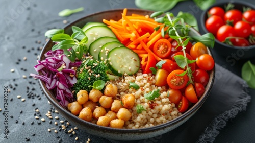 A beautifully crafted bowl filled with a rainbow of vegetables, grains, and proteins