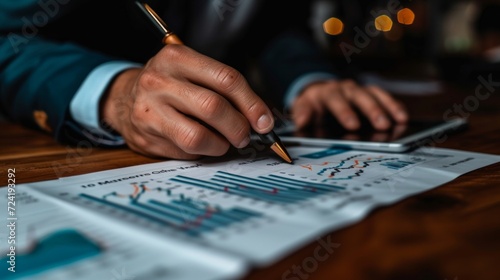 A businessman reviews financial graphs