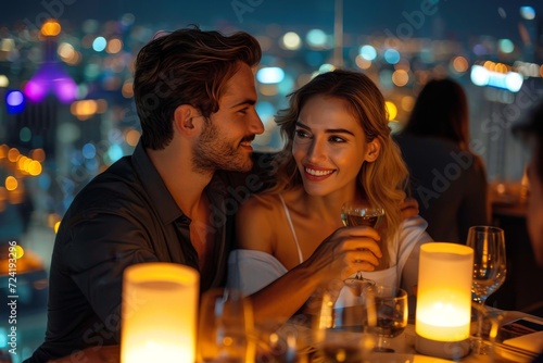 A couple shares a romantic evening, sipping drinks by candlelight as they overlook the bustling cityscape behind them