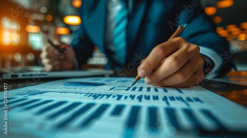 A businessman reviews financial graphs