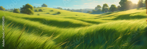 A landscape showcasing undulating green hills  sunlight evoking a sense of natural beauty in the early summer.