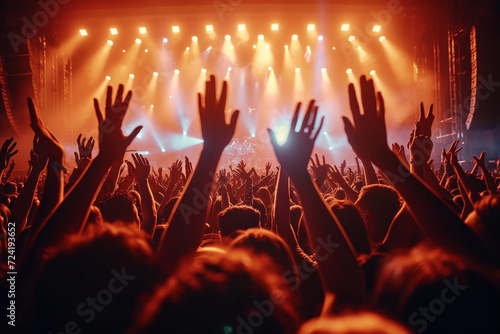 Amidst the pulsing beats and vibrant lights of the outdoor concert, a sea of hands reach towards the sky in a unified display of excitement and passion for the music