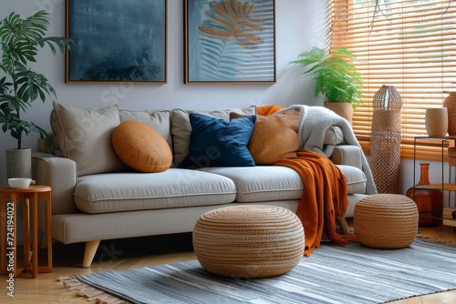 A cozy living room filled with comfortable seating options, including a plush couch and loveseat adorned with vibrant pillows and poufs, all set against a stylish backdrop of wicker accents and a bea photo