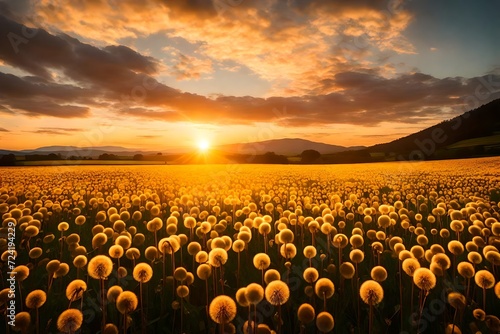 A captivating sunrise over a rural landscape, highlighting a field of dandelions, with the morning sky's clouds casting a soft shadow on distant mountains.
