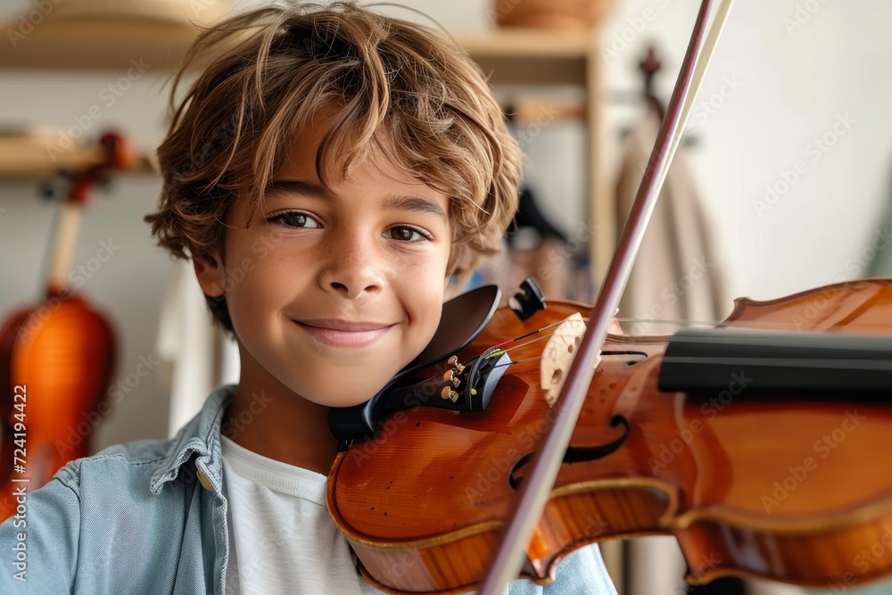 A young boy's passion for music is reflected in his delicate hold on a violin, his face alight with the beauty of classical melodies A young boy's passion for music is reflected in his delicate hold on a violin, his face alight with the beauty of classical melodies