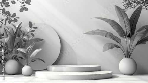 gray stage background product display podium scene with leaf platform. white ...