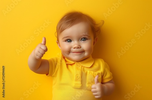 a 2 years old child with a thumbs up sign on a yellow background