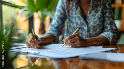 A close-up of a real estate agent meticulously reviewing and organizing paper...