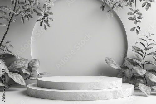 gray stage background product display podium scene with leaf platform. white ...